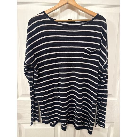 Vince 100% Linen Mixed Stripe Single Pocket Long Sleeve Women's Tunic, L - Picture 1 of 6